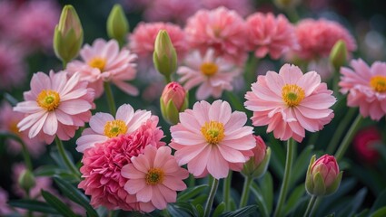Obraz premium Pink flowers blooming in a garden with soft petals and green leaves suitable for a natural background with Copy Space
