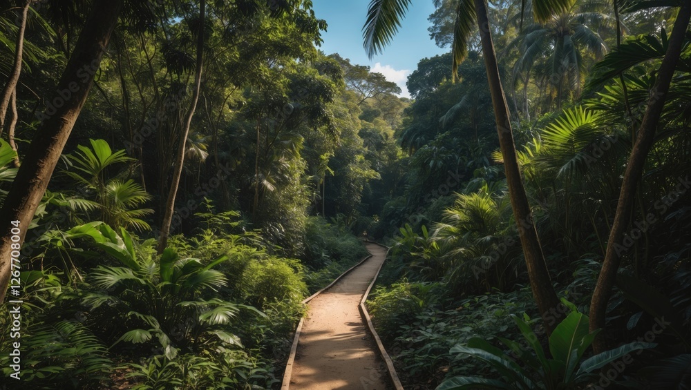 Poster lush tropical pathway surrounded by dense foliage and palm trees in a serene jungle setting with nat