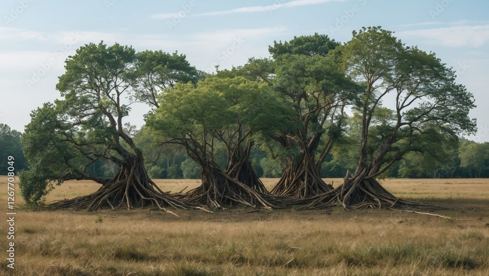 Aufkleber group of trees with exposed roots in a grassy field under a clear sky with soft lighting copy space