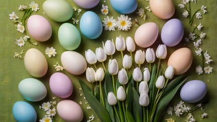 Obraz premium Spring flowers (lilies of the valley, snowdrops, tulips) and pastel-colored Easter eggs scattered along the edges. Between them, tiny bunnies peek out from the decor. The background color is green