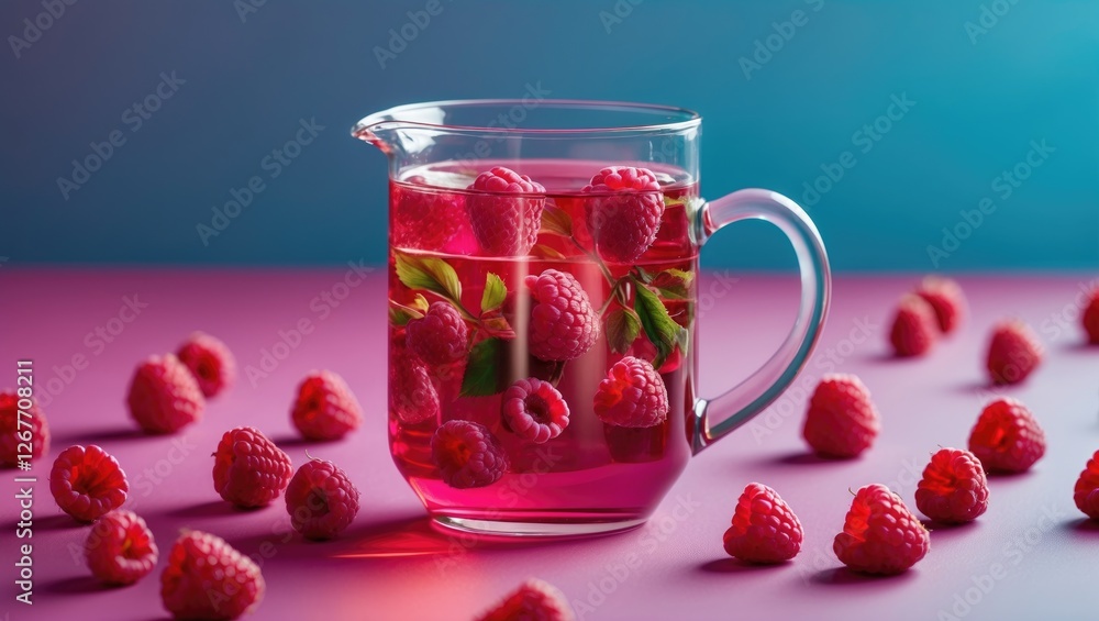 Poster raspberry drink in a glass pitcher with fresh raspberries on a colorful background with copy space