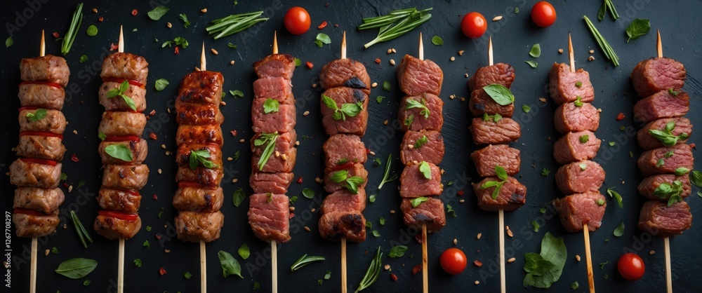 Poster assorted grilled meat skewers with fresh herbs and cherry tomatoes on a dark background with copy sp