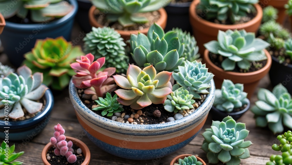 Poster colorful collection of assorted succulents in various pots on wooden table with copy space for text
