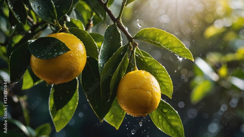 Aufkleber lemons on tree branch with raindrops and sunlight reflecting through leaves in a natural setting wit
