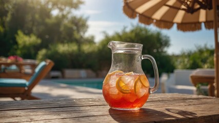 Fresh fruit lemonade pitcher on wooden table by poolside with sunlit background and vibrant greenery Copy Space