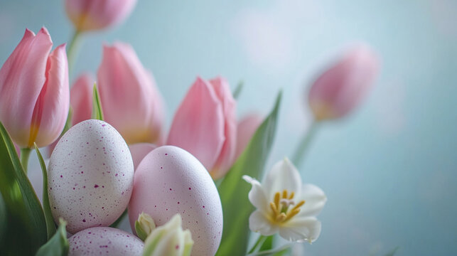 Colorful Easter eggs nestled among delicate pink tulips and white blooms, celebrating spring's joyful arrival in a serene setting