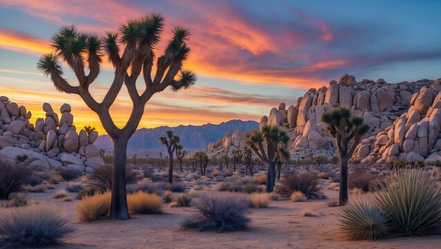 Joshua trees in desert landscape during sunset with colorful sky and rocky formations in the background Copy Space