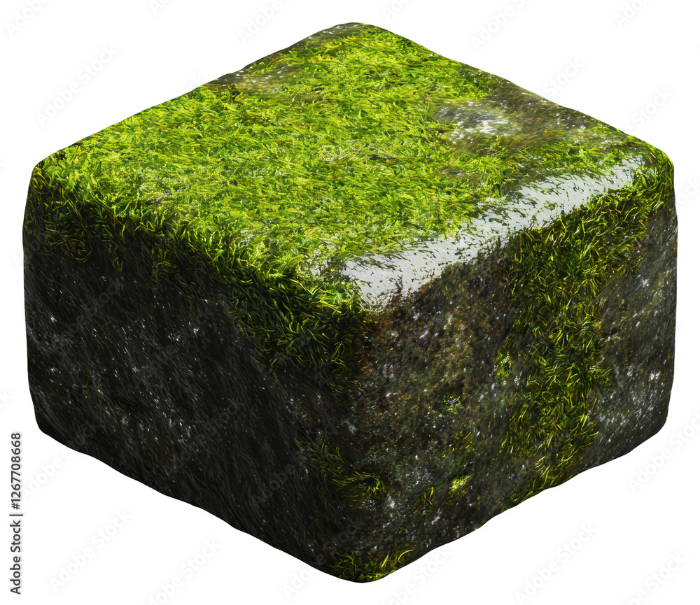 Aufkleber isometric moss covered cube with transparent background in detailed macro view