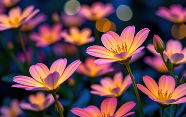 Fototapeta premium A stunning close-up of vibrant, glowing flowers in full bloom, illuminated with soft golden light. 
