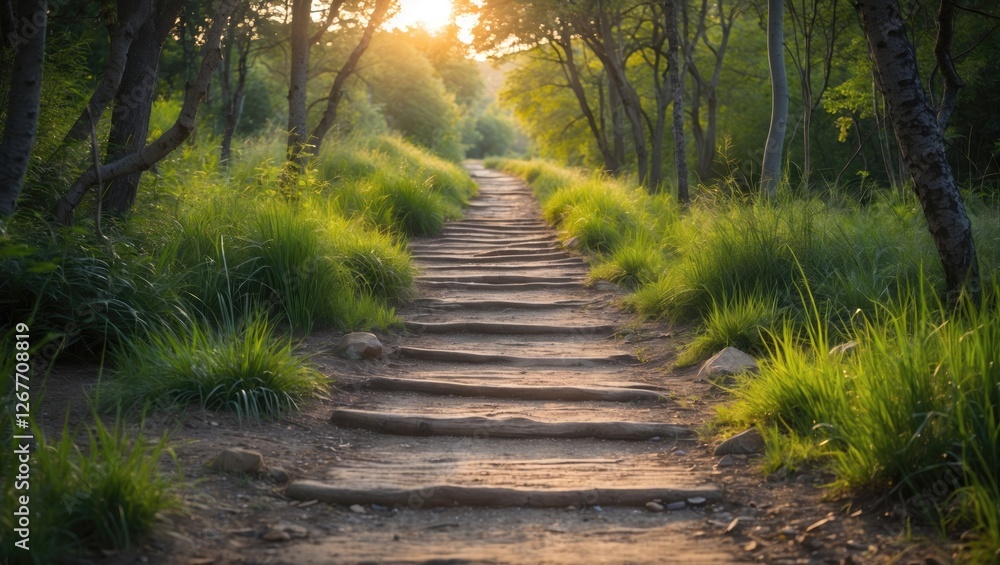 Poster forest pathway with sunlight streaming through trees and lush green grass in a natural setting copy 