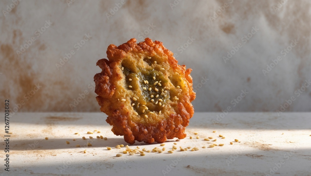 Poster deep-fried pastry with sesame seeds on a textured surface showcasing golden color and crispy texture