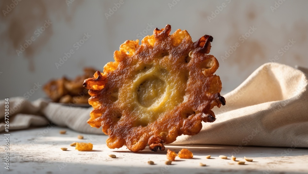 Poster fried pastry with a golden brown crust on a textured surface with scattered seeds and a soft fabric 