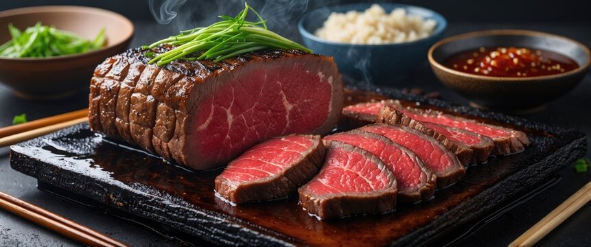 Sliced succulent beef steak on a sizzling stone platter with green onions served with rice and dipping sauce on dark background Copy Space - Powered by Adobe