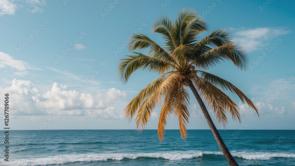 Poster lone palm tree on a beach with ocean waves and a clear blue sky in the background copy space