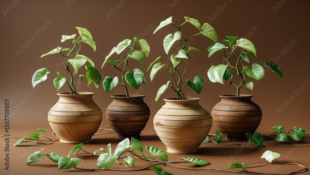 Poster potted green plants with trailing vines in wooden and clay pots on a brown background with copy spac