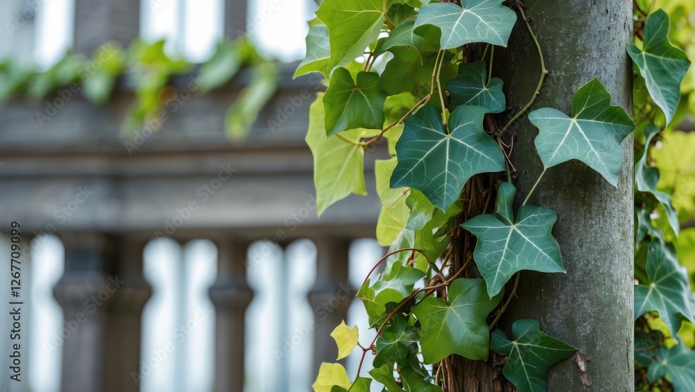 Poster green ivy climbing on a rustic post with blurred architectural background and natural light featurin