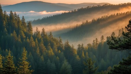 Mountainous Forest Landscape with Mist and Sunlight Rays during Sunrise Copy Space