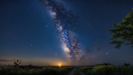 Fototapeta premium Milky Way Galaxy over landscape at dusk with road and vegetation in foreground featuring stars and celestial bodies in night sky Copy Space