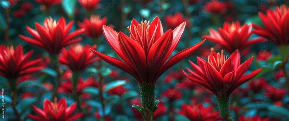 Poster vibrant red flowers in a lush garden setting with rich green foliage and depth of field creating a s