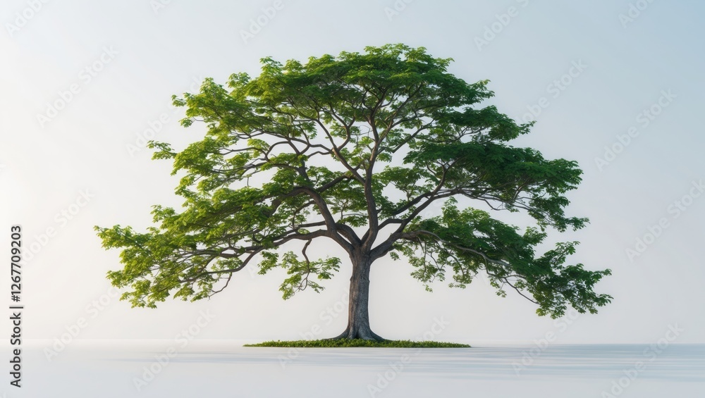Poster single large green tree with a thick trunk and wide canopy isolated on a white background with ample