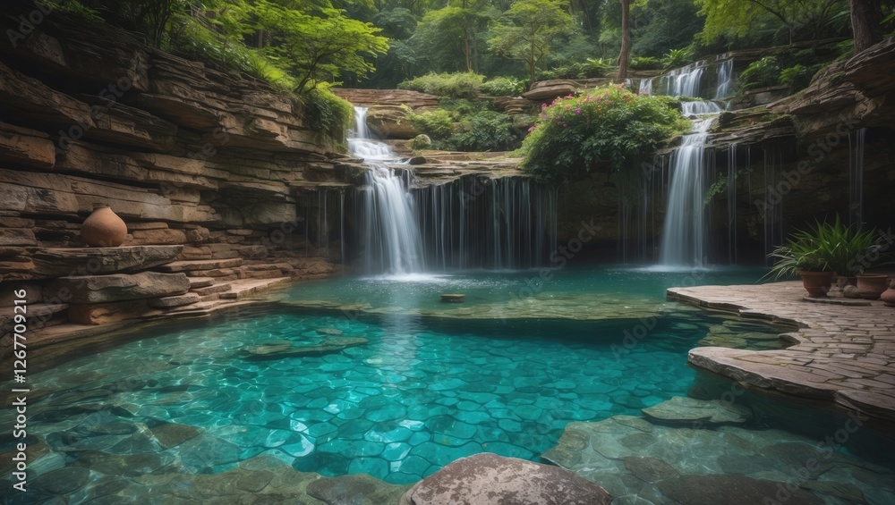 Poster crystal clear waterfall cascading into a tranquil pool surrounded by lush greenery and stone formati