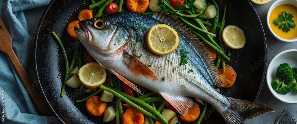 Poster grilled whole fish with lemon slices served with assorted vegetables on a black plate top view with 