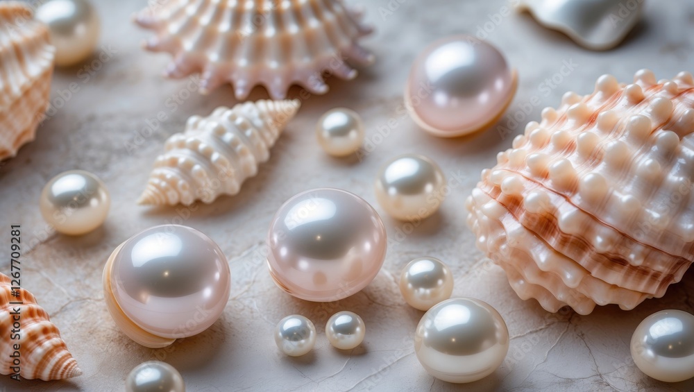 Aufkleber collection of assorted pearls and seashells arranged on a marble surface with natural textures and s