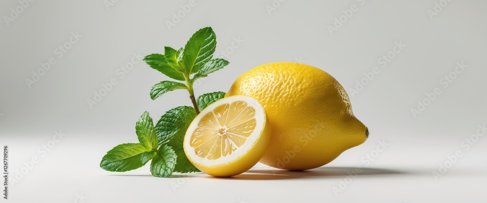 Aufkleber fresh lemon with mint leaves on a light background with copy space for text and product placement