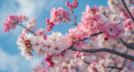 Cherry blossom branches with pink and white flowers against a blue sky nature background Copy Space
