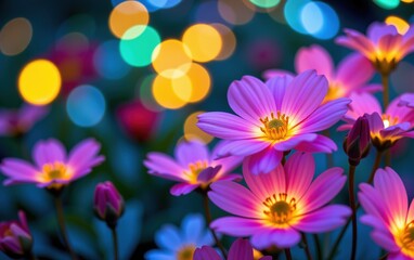 Obraz premium A stunning close-up of vibrant, glowing flowers in full bloom, illuminated with soft golden light. 