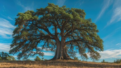 Obraz premium Majestic large tree with expansive foliage against a blue sky in a natural landscape with clear space for text. Copy Space