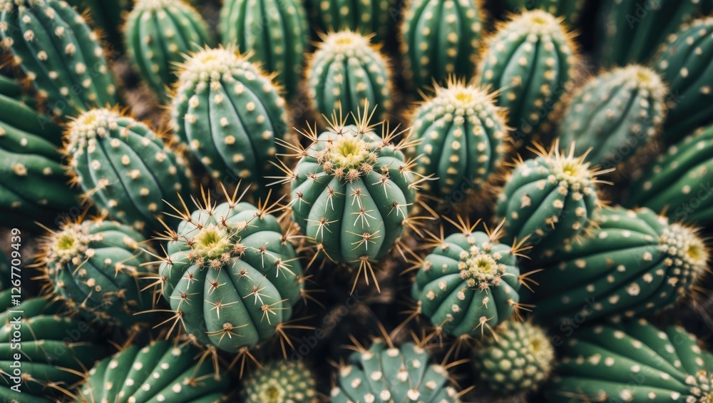 Poster top view of a cluster of green cacti with spines on a natural background copy space