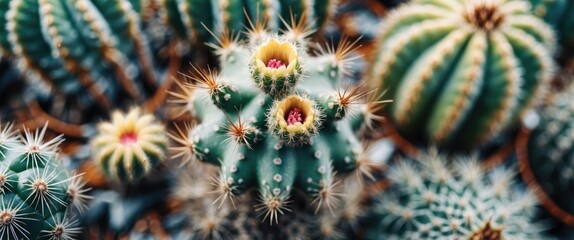 Fototapeta premium Various types of cacti with vibrant flowers and spines in an artistic arrangement Copy Space