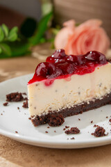 Cherry Cheesecake with Chocolate Crust – Elegant Dessert Close-Up