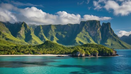 Tropical landscape with lush green mountains and turquoise waters under a bright blue sky ideal for nature backgrounds Copy Space