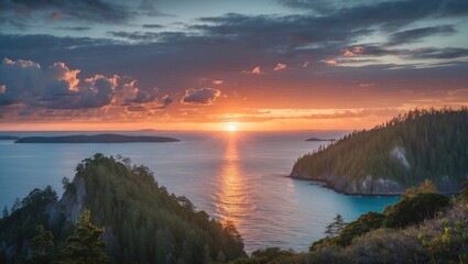 Sunset over tranquil coastal landscape with islands and trees reflecting in water mountains in background Copy Space