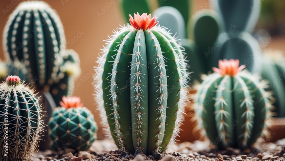 Poster colorful cacti with distinct spines and flowers in a landscaped garden setting with blurred backgrou