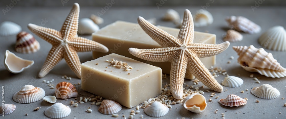 Poster natural soap bars with starfish and assorted seashells on a textured surface copy space