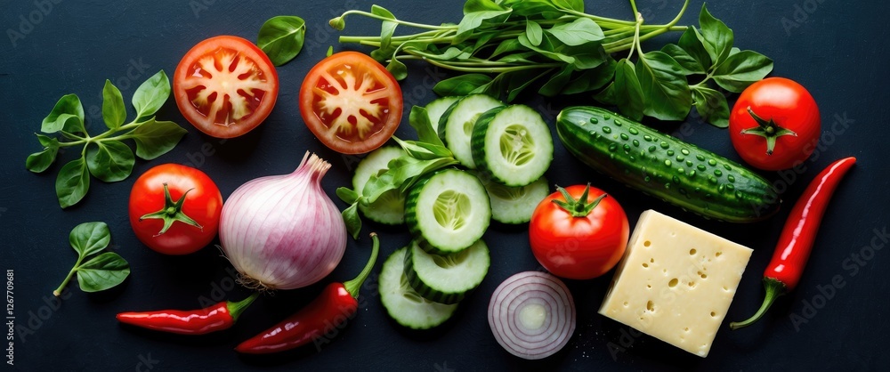 Poster fresh assorted vegetables and herbs displayed on dark background with copy space for text inclusion