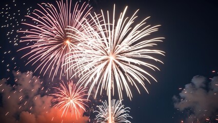 Colorful fireworks display lighting up the night sky with vibrant patterns and bursts on a dark background Copy Space