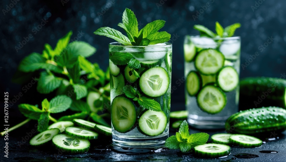 Poster fresh cucumber and mint infused water with sliced cucumbers and ice cubes in glass on dark backgroun