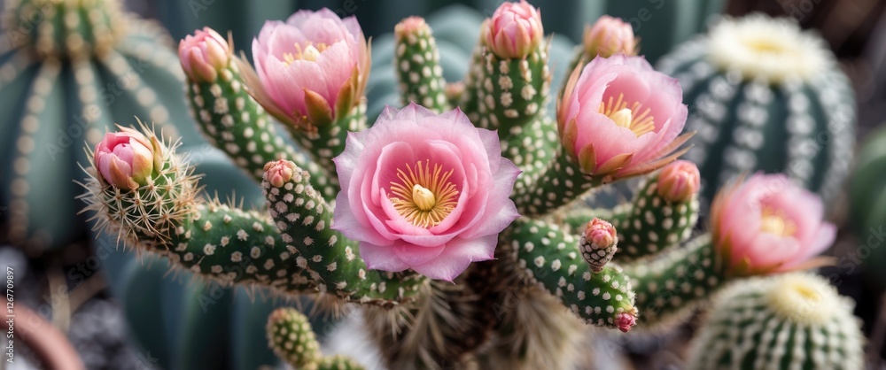 Poster cactus with pink flowers and buds surrounded by green background in a botanical setting with copy sp