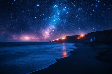 Celestial Shoreline, Nightscape with Starry Sky and Coastal Illumination
