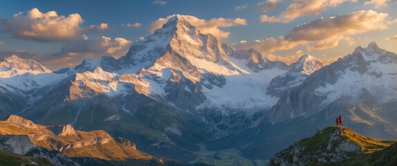 Majestic mountain landscape with dramatic peaks and a hiker on a ridge during sunset with warm lighting and copy space for text