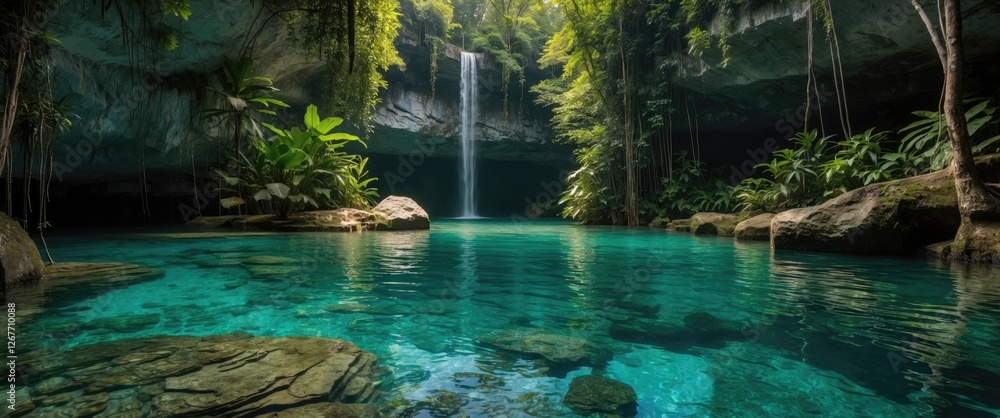 Poster tropical cave with a waterfall flowing into a clear blue pool surrounded by lush greenery and rocks 