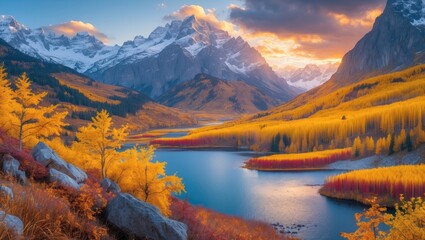 Obraz premium Mountain landscape with autumn foliage reflecting in a lake during sunset with dramatic skies and peaks in the background Copy Space