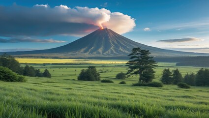 Volcano with Eruption Near Lush Green Fields and Trees Under Clear Blue Sky at Daytime Copy Space