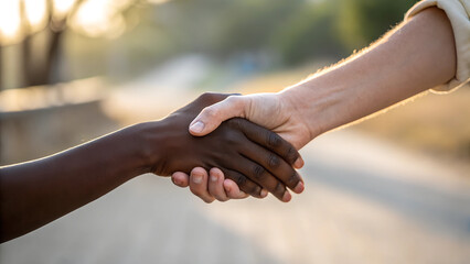 Interracial handshake between two people outdoors, symbolizing unity, respect, and cooperation in natural sunlight background

