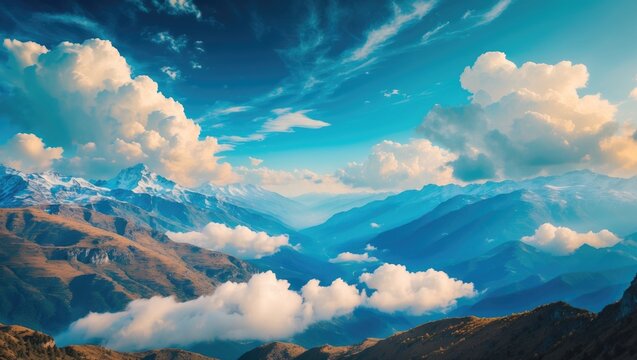 Panoramic view of mountain landscape with dramatic clouds and valleys during daytime with clear blue sky and scenic terrain Copy Space - Powered by Adobe