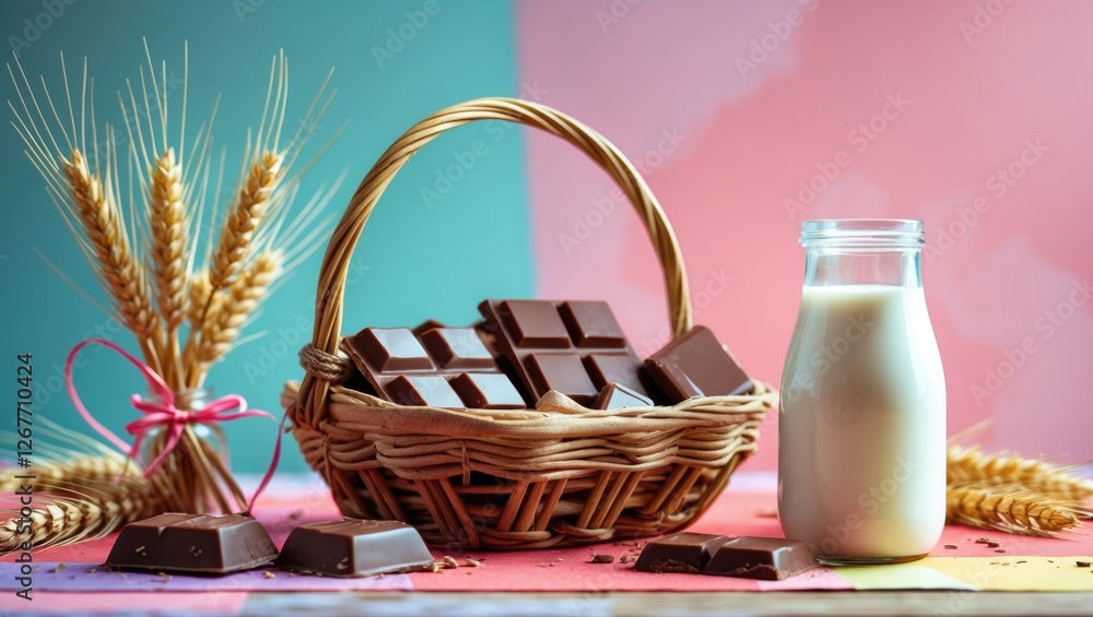 Poster chocolate pieces in a wicker basket with wheat stalks and a bottle of milk on a colorful background 